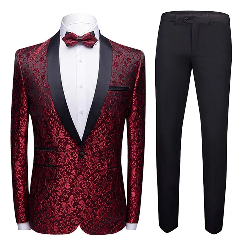 2-Piece Print Suit Slim Fit Paisley Maroon Suit