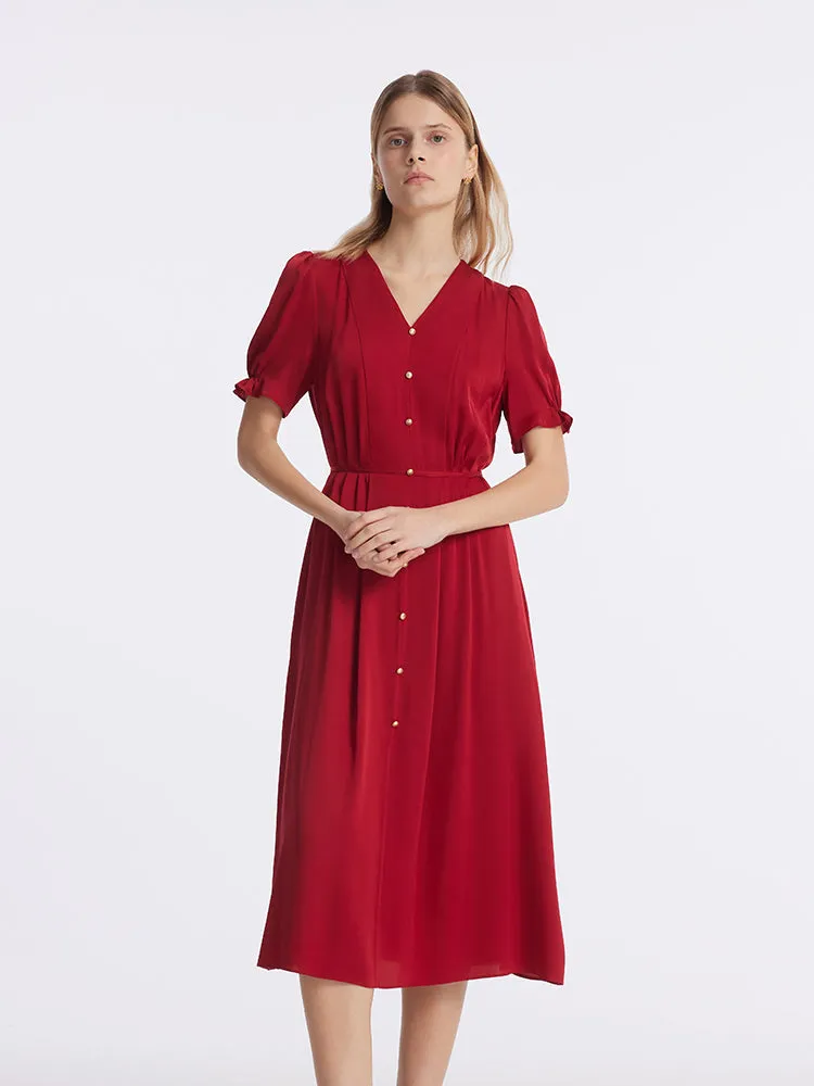 22 Momme Mulberry Silk V-Neck Single-Breasted Women Midi Dress