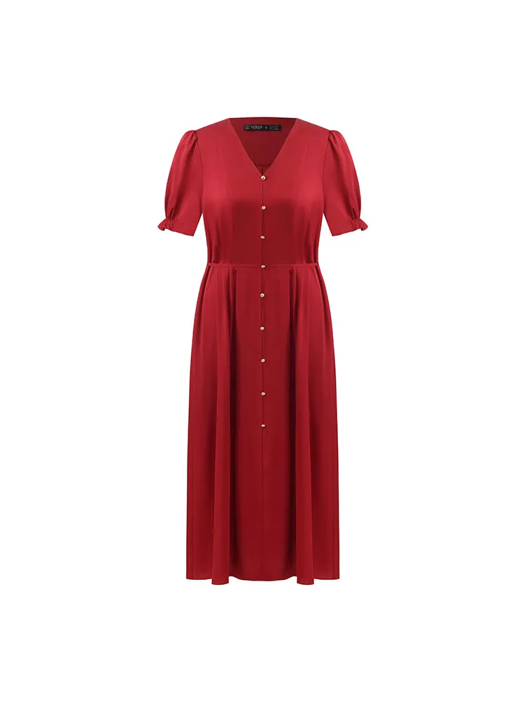 22 Momme Mulberry Silk V-Neck Single-Breasted Women Midi Dress