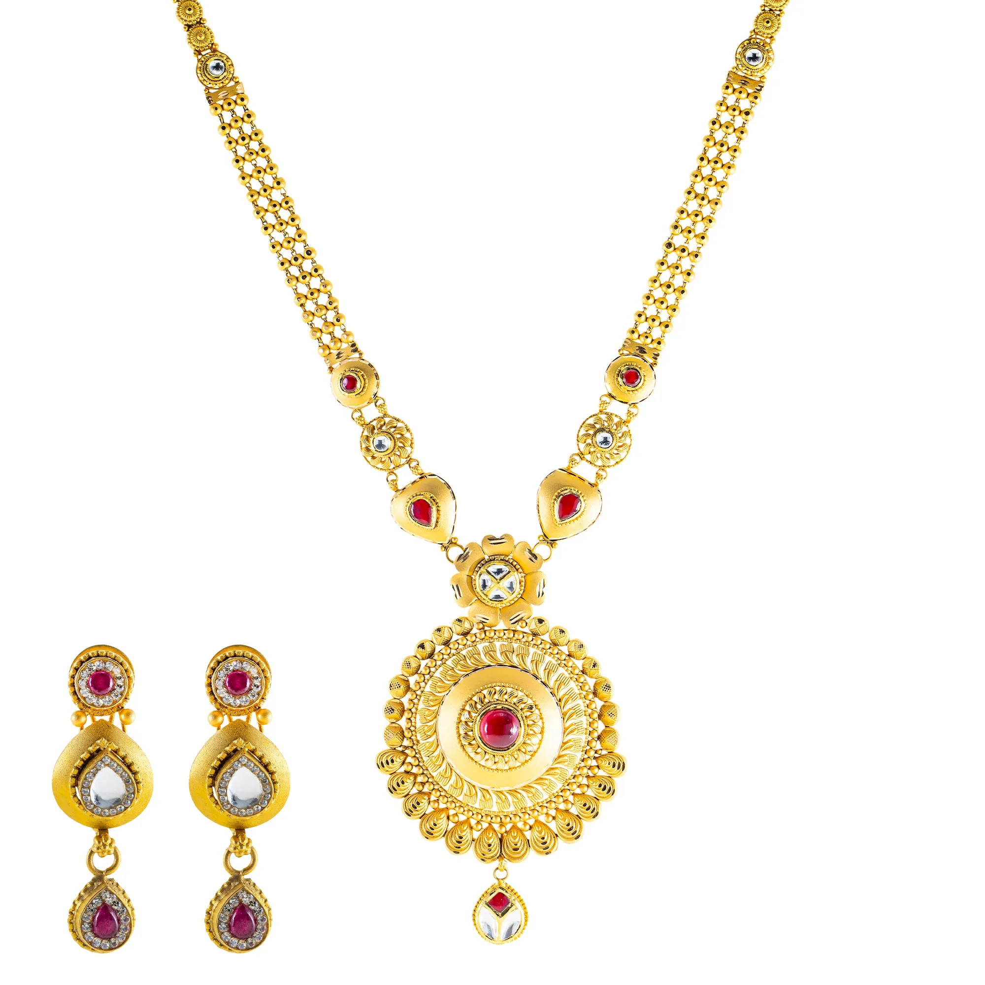 22K Yellow Gold Bridal Necklace Set w/ CZ, Kundan & Ruby (66.7gm)