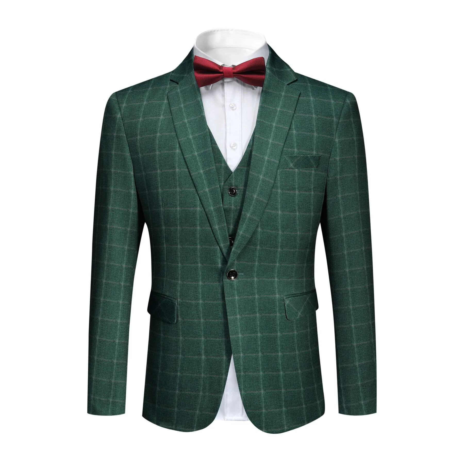 3-Piece Slim Fit Green Plaid Modern Suit