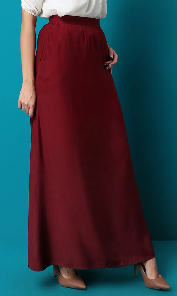 47455 Maroon Red Maxi Solid Basic Skirt