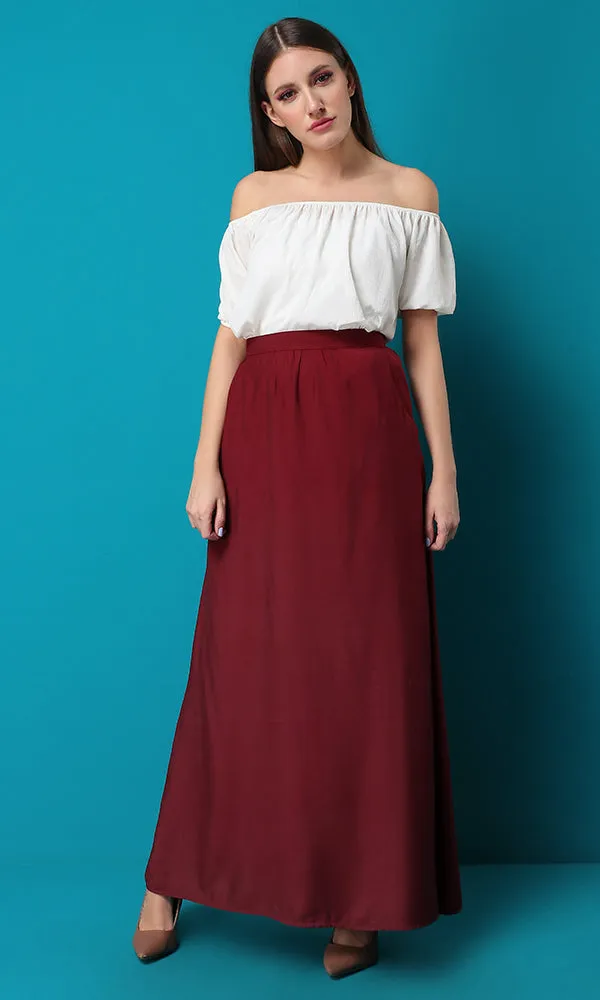 47455 Maroon Red Maxi Solid Basic Skirt