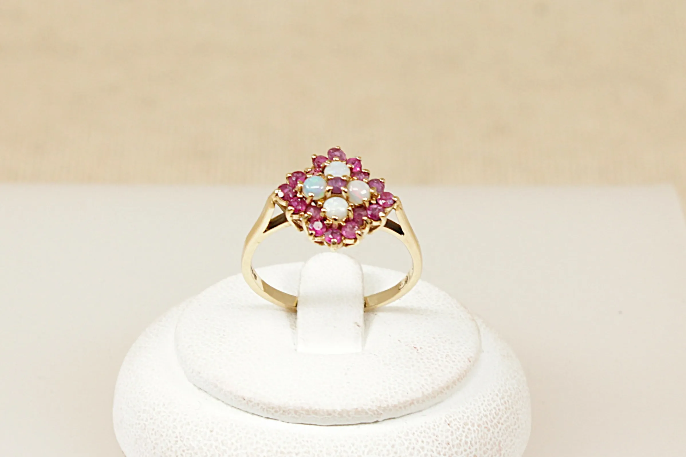 9ct Gold Opal and Pink Topaz Cluster Ring