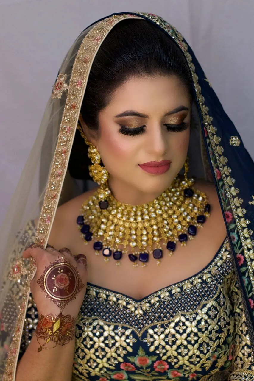 'Abha', Golden Kundan with Dark Blue Stones Bridal Set by Oorvi Desai