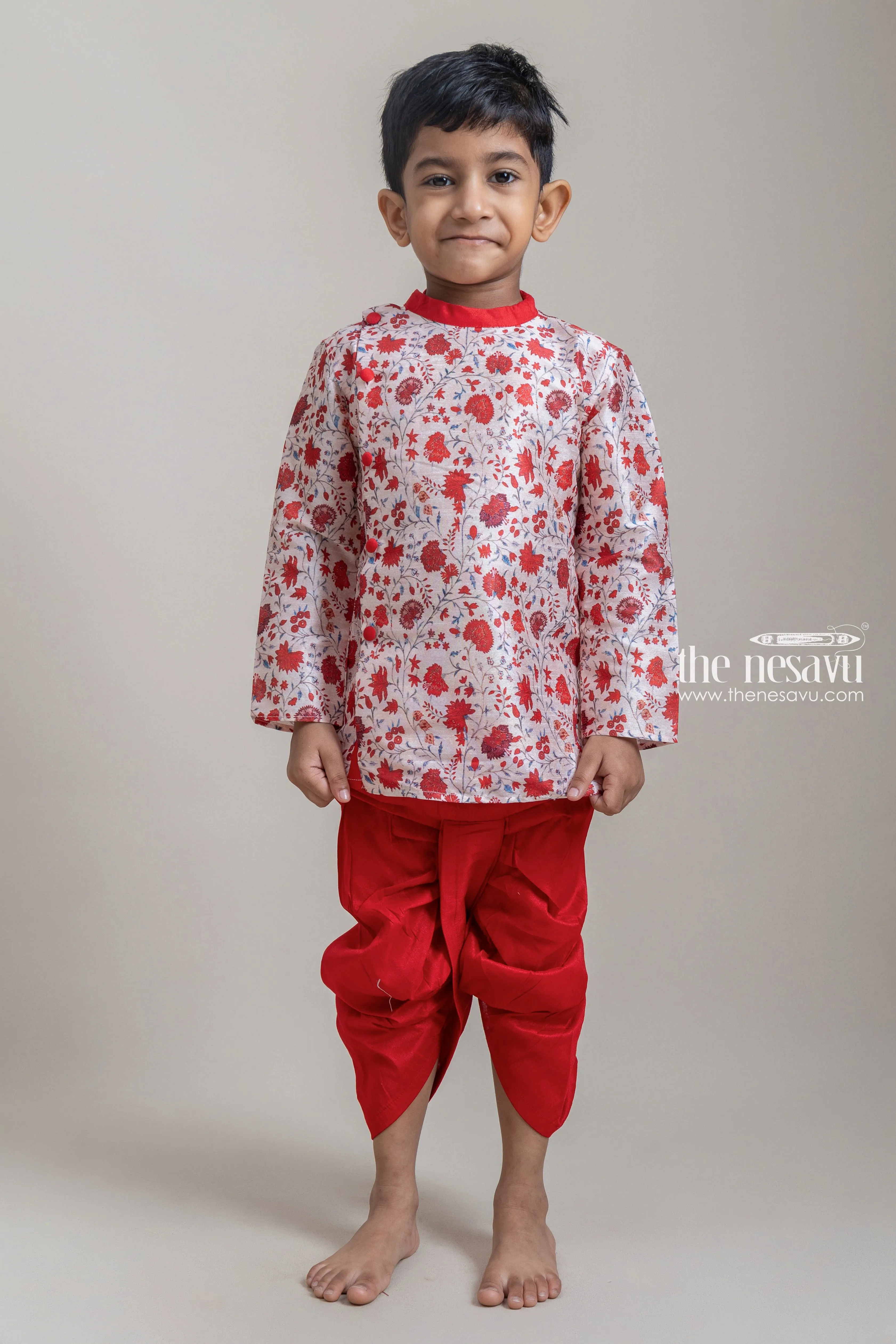 Adorable Red Floral Printed Cotton Kurta Set For Little Boys