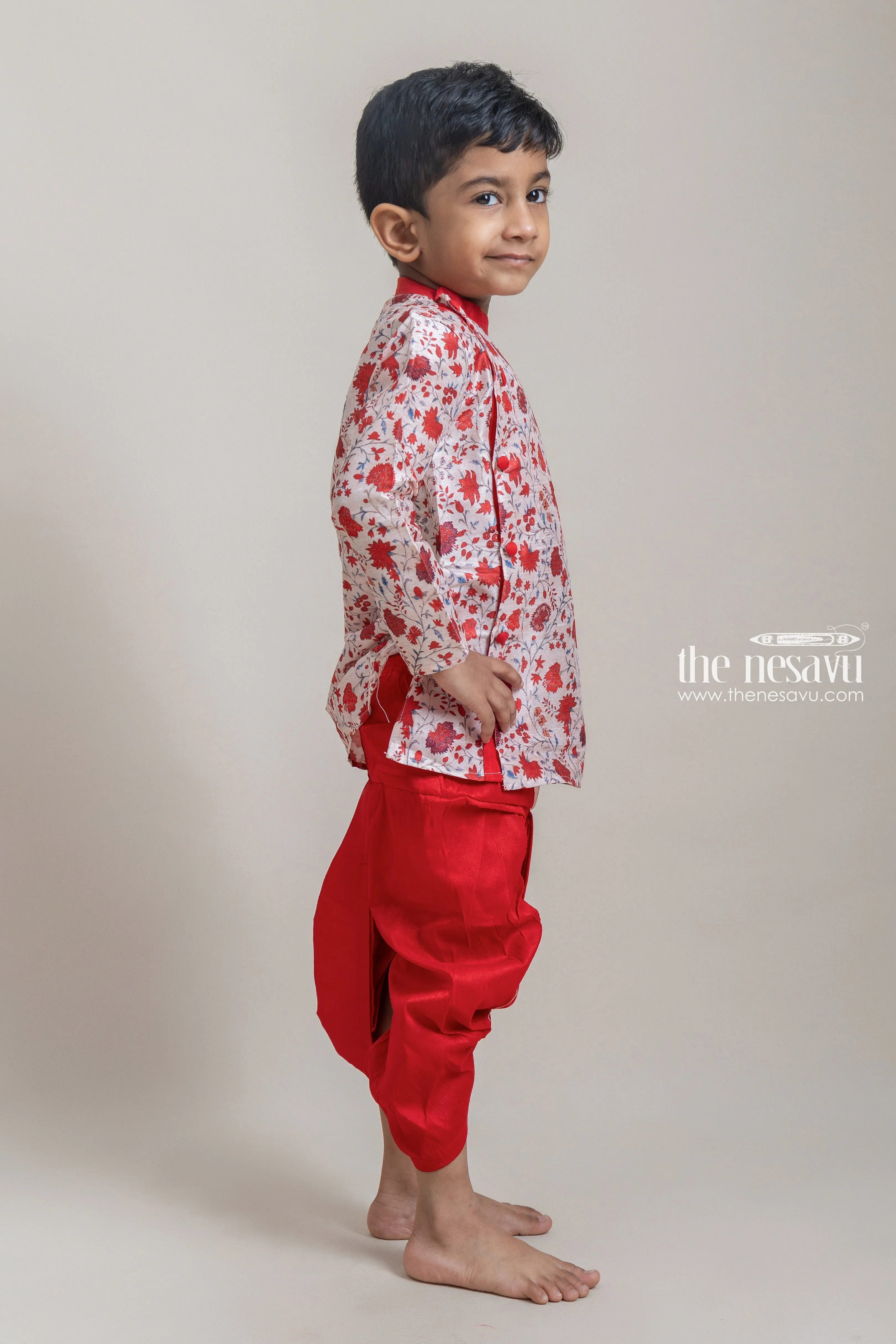 Adorable Red Floral Printed Cotton Kurta Set For Little Boys