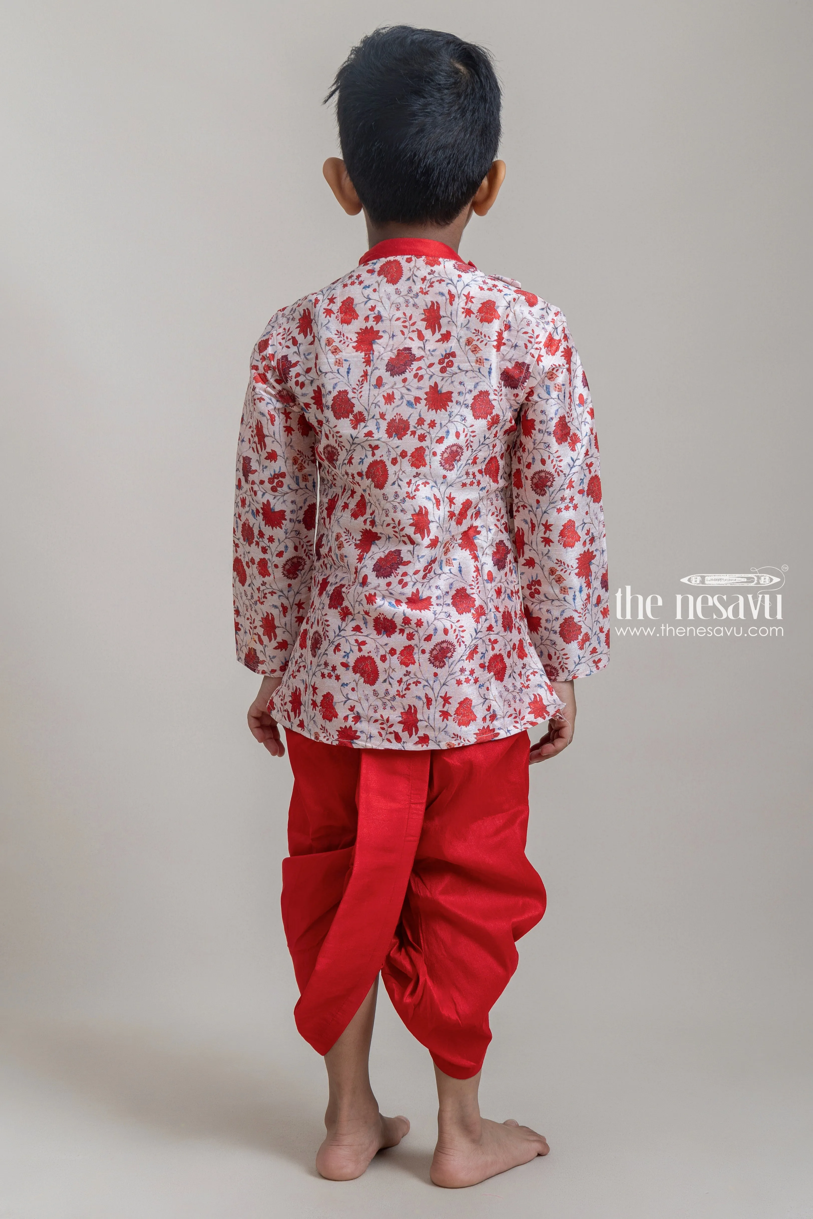 Adorable Red Floral Printed Cotton Kurta Set For Little Boys