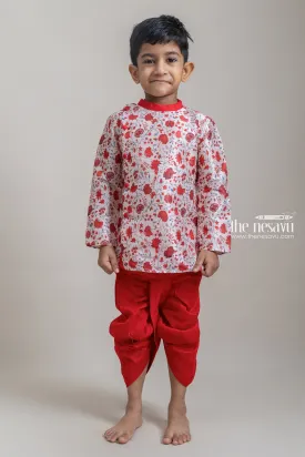 Adorable Red Floral Printed Cotton Kurta Set For Little Boys