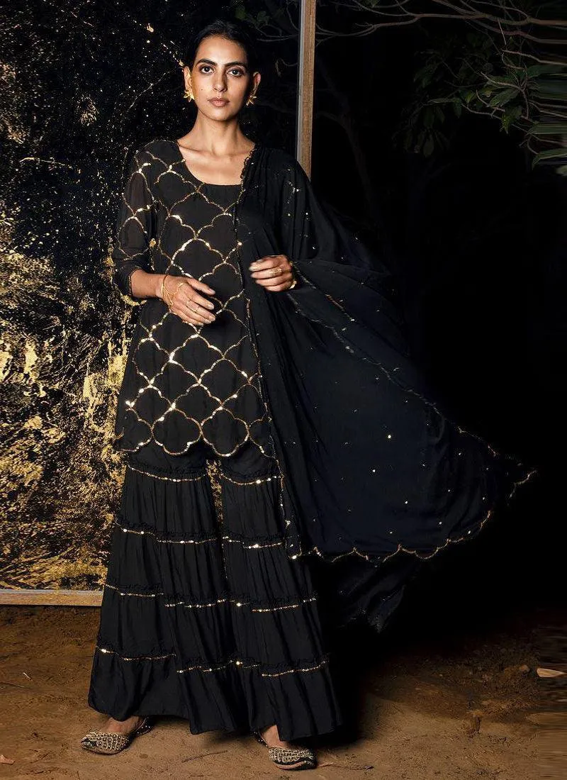 Amazing And Adorable Black Georgette Base Embroidered Sharara Suit