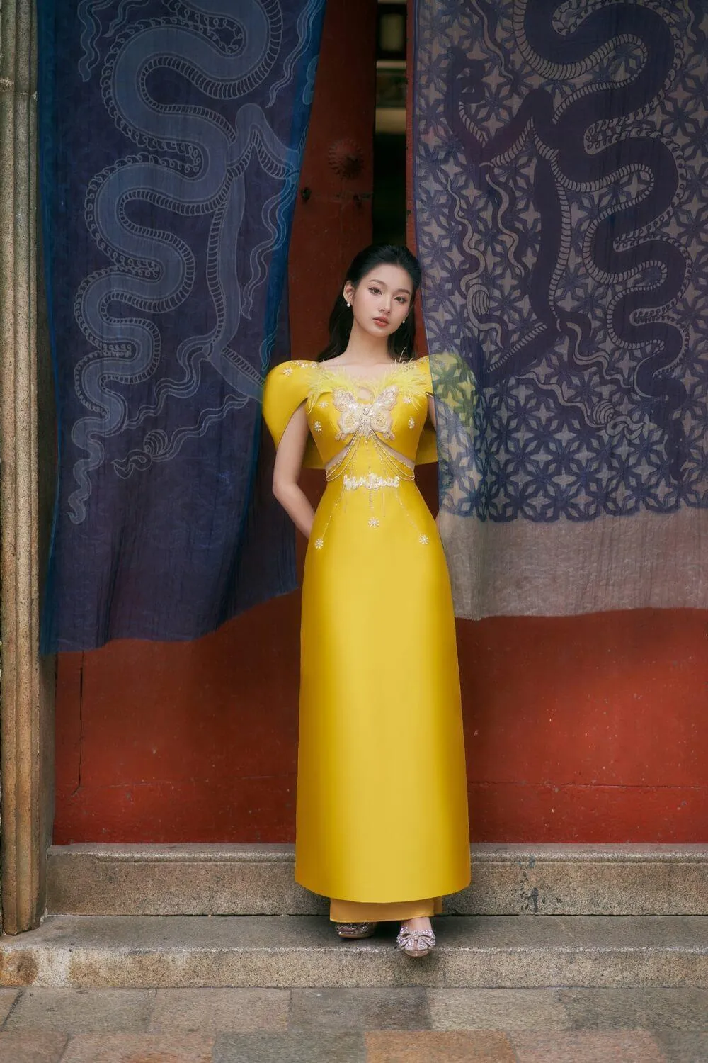 Apricot Fitted Cape Sleeved Taffeta Long Length Ao Dai