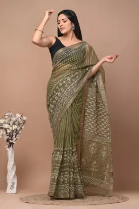 Authentic Forest Green Traditional Kota Doriya Print Saree