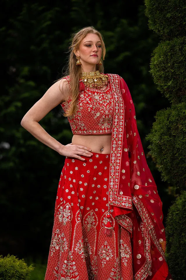 Beautiful Red Colored Heavy Embroidery Lehenga Set - Rent