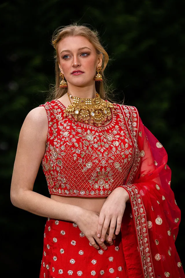 Beautiful Red Colored Heavy Embroidery Lehenga Set - Rent