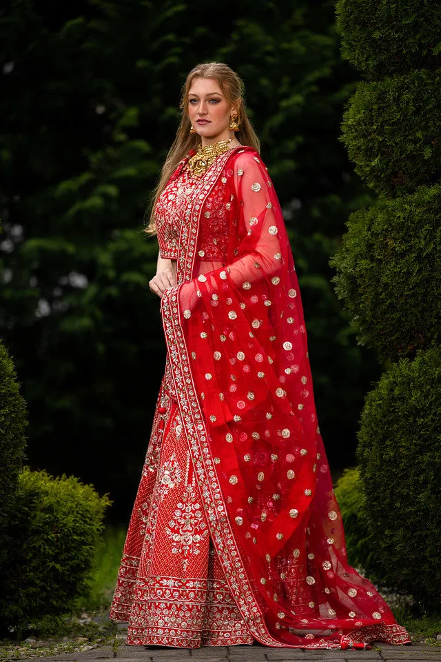 Beautiful Red Colored Heavy Embroidery Lehenga Set - Rent