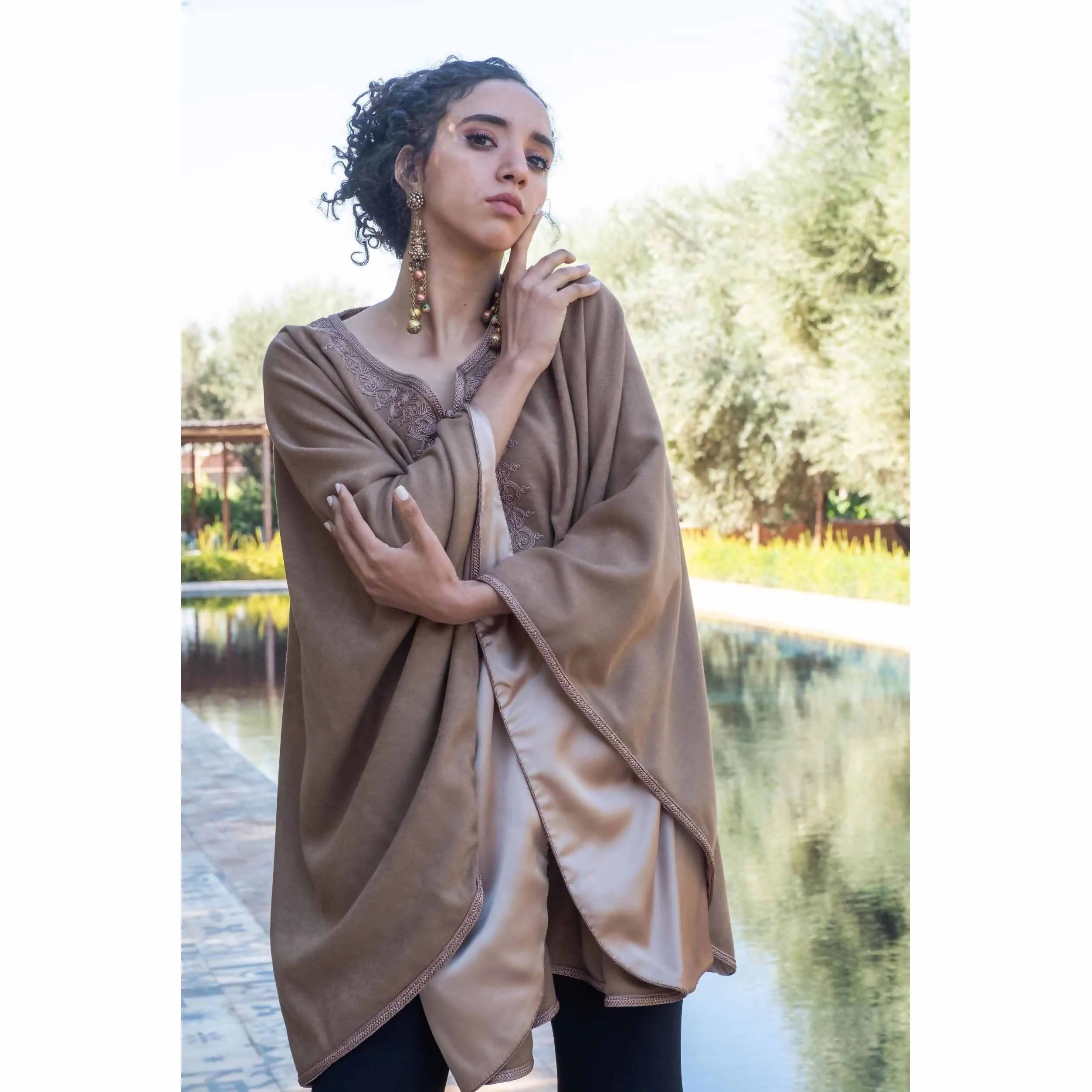 Beige Embroidred wool and cashmere cape