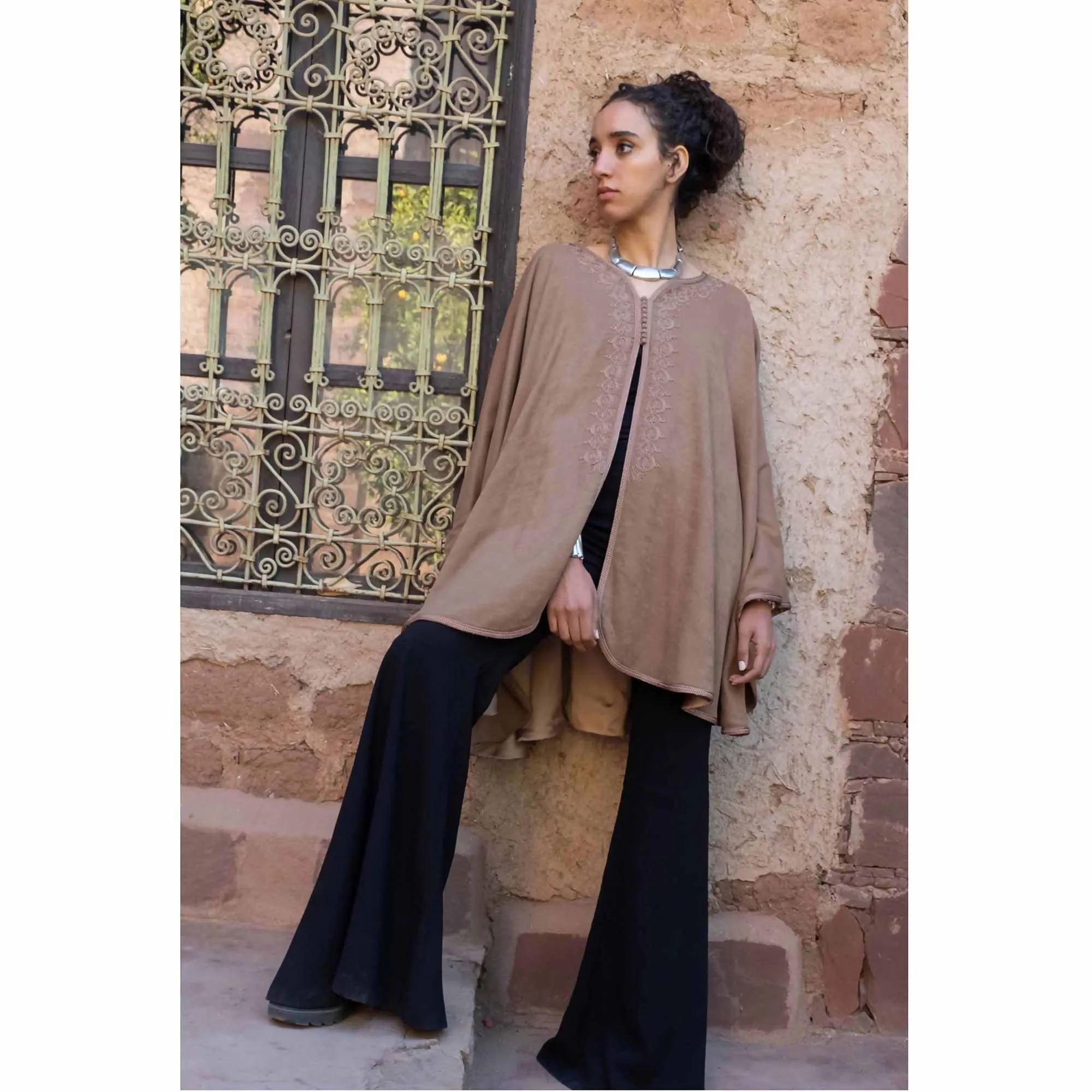 Beige Embroidred wool and cashmere cape