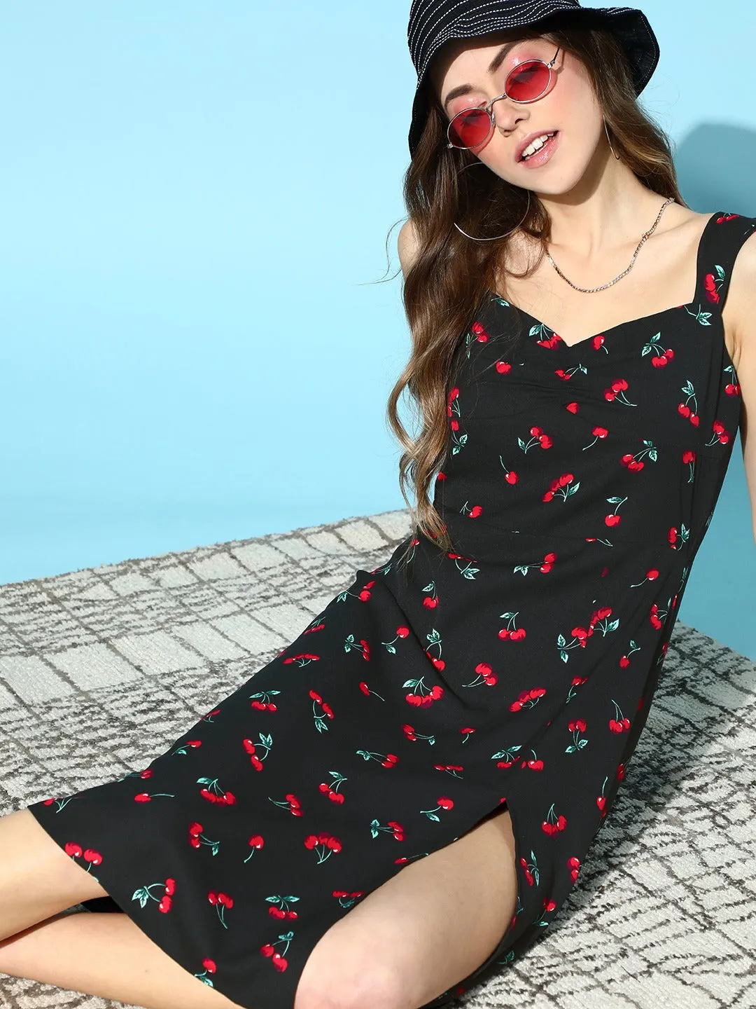 Berrylush Women Black & Red Cherry Printed Sweetheart Neck Thigh-High Slit Flared A-Line Midi Dress