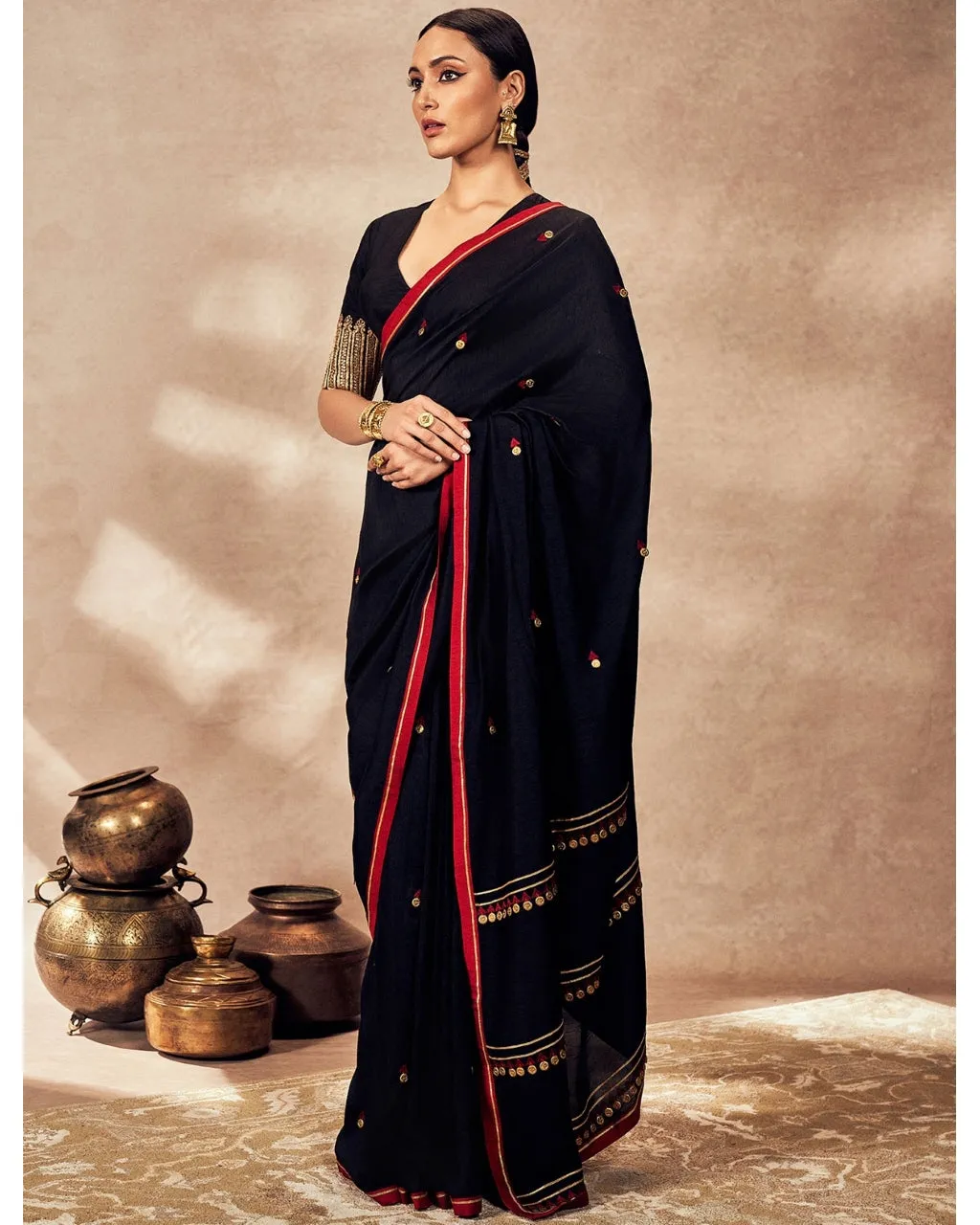 Black Coin Work Sari Set