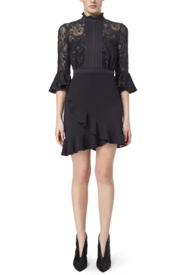 Black Embellsihed Ruffled Sleeves Dark Knight Mini Dress