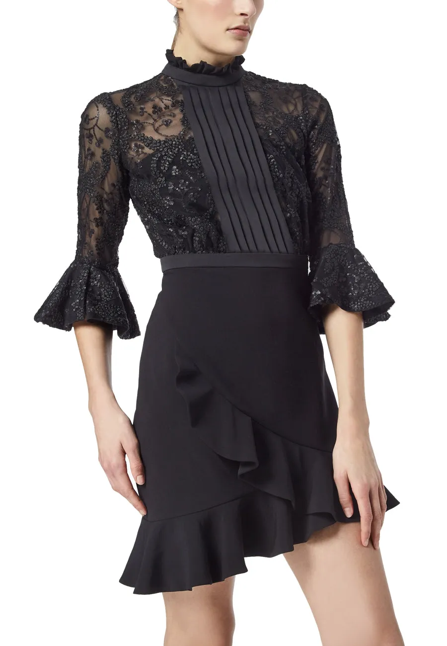 Black Embellsihed Ruffled Sleeves Dark Knight Mini Dress