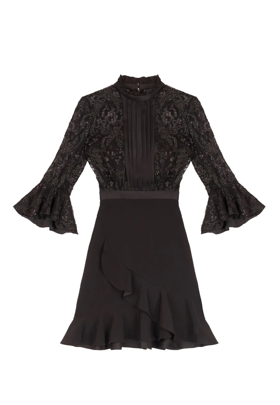 Black Embellsihed Ruffled Sleeves Dark Knight Mini Dress