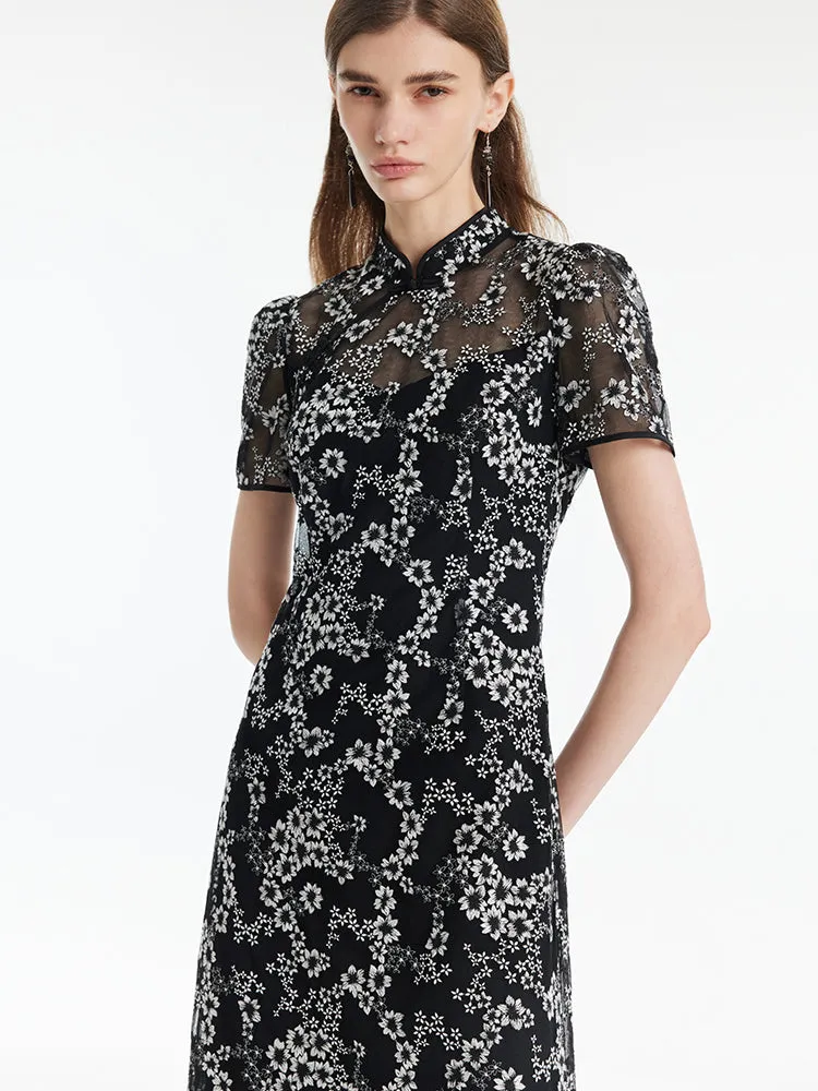 Black Floral Embroidery Cheongsam Women Mini Qipao Dress