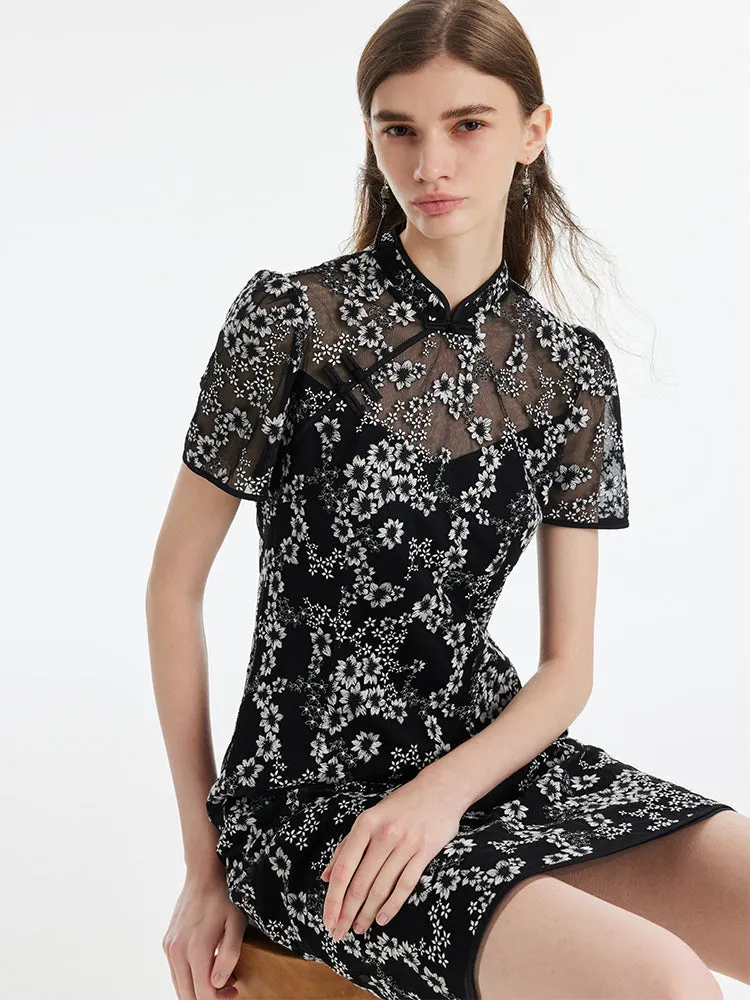 Black Floral Embroidery Cheongsam Women Mini Qipao Dress