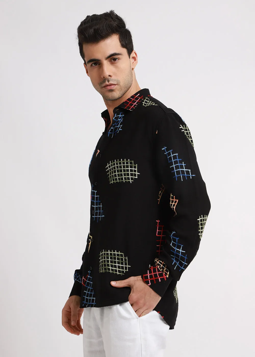 Black Geometric Embroidered Shirt