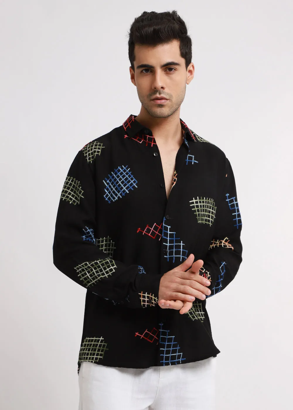 Black Geometric Embroidered Shirt