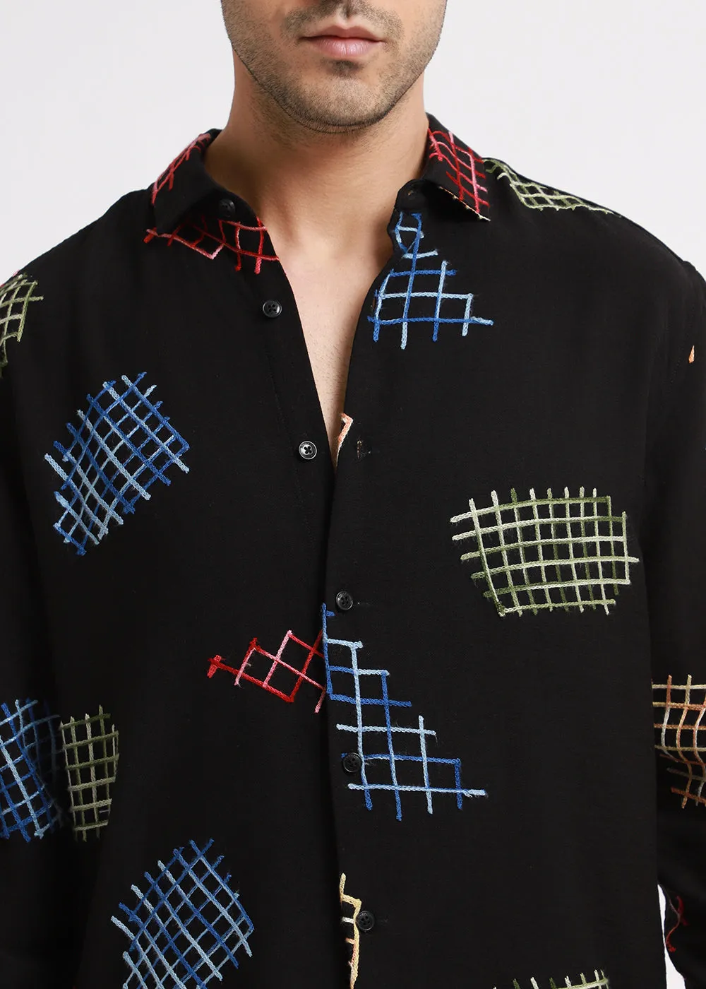 Black Geometric Embroidered Shirt