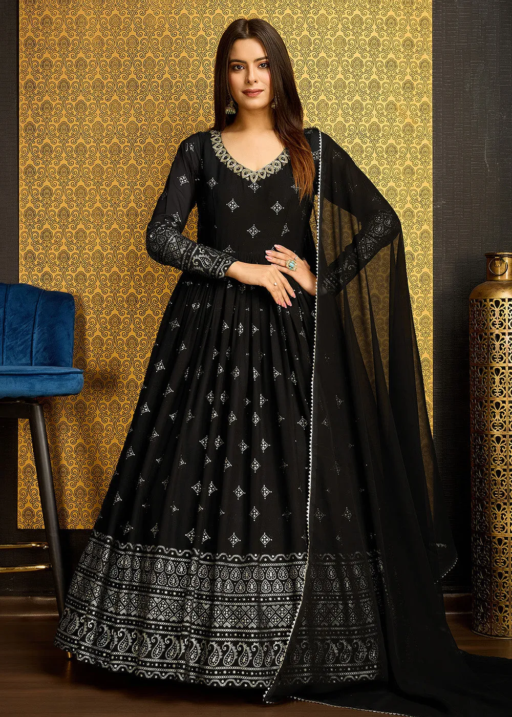 Black Metalic Foil Work Embroidered Wedding Wear Gown