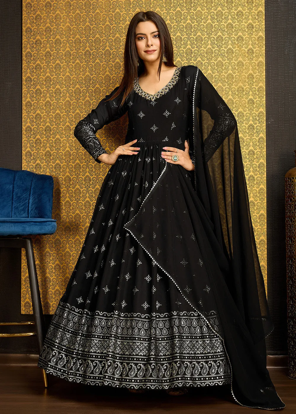 Black Metalic Foil Work Embroidered Wedding Wear Gown