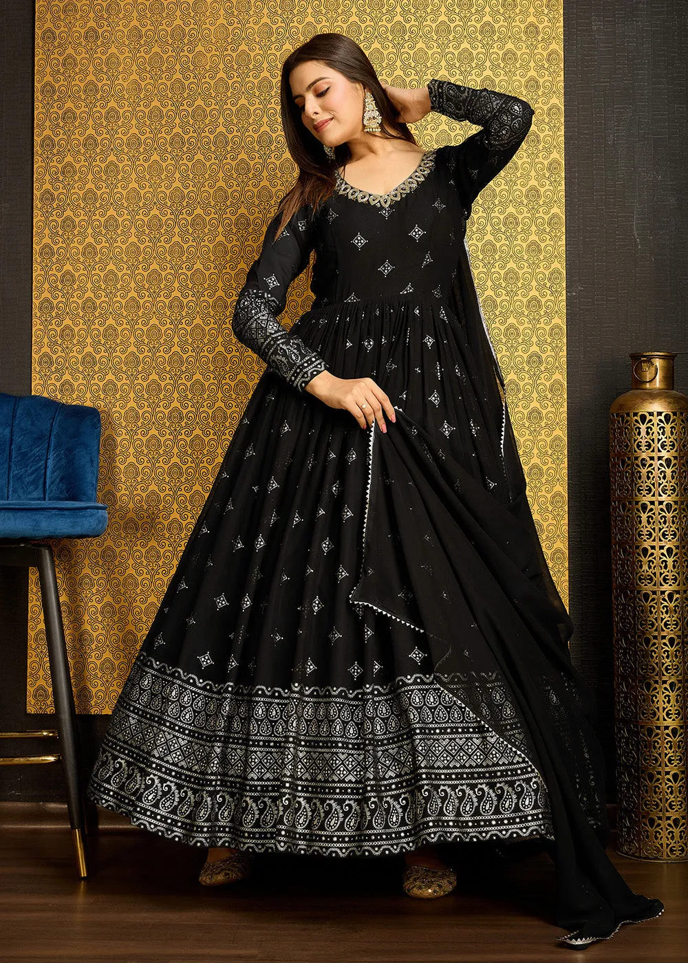 Black Metalic Foil Work Embroidered Wedding Wear Gown