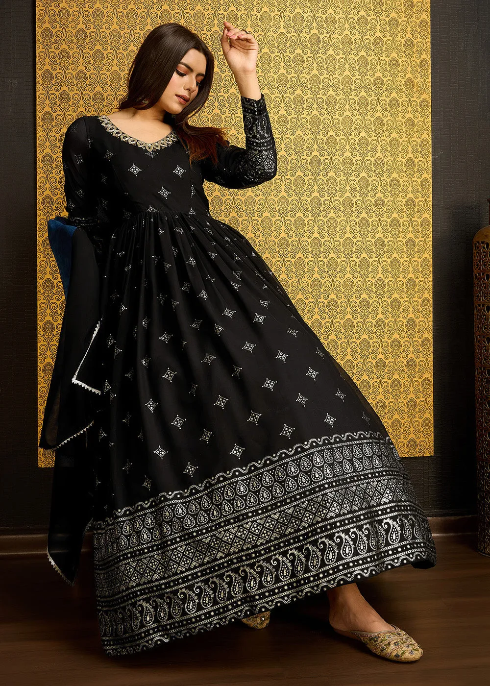 Black Metalic Foil Work Embroidered Wedding Wear Gown