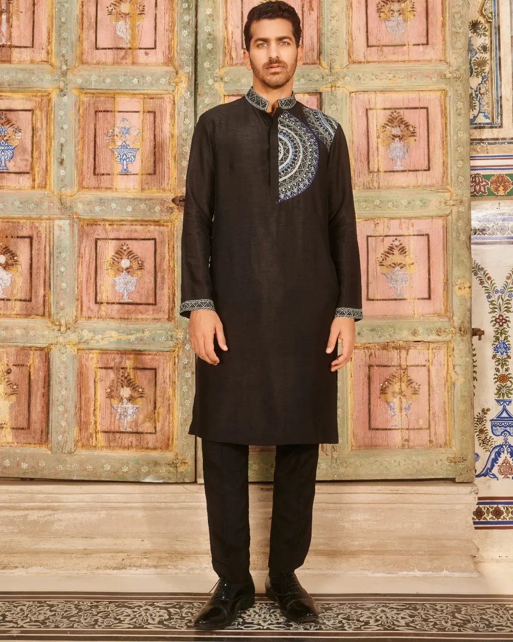 Black One Side Embroidered Kurta Set