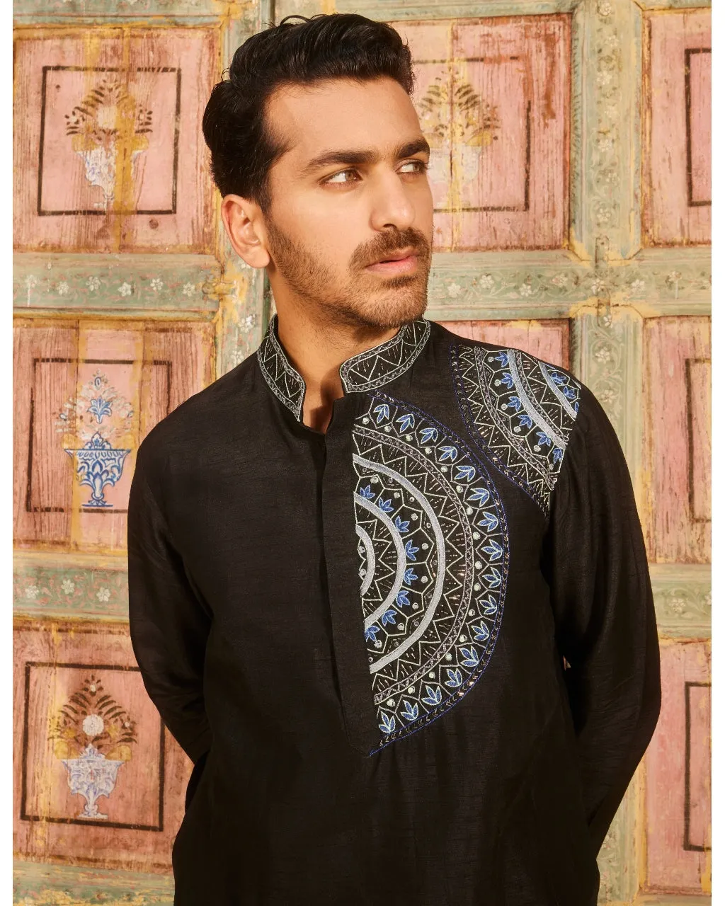 Black One Side Embroidered Kurta Set