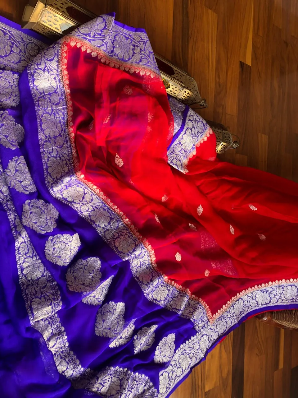 Blue & Red Khaddi Banarasi Chiffon Jaal Saree