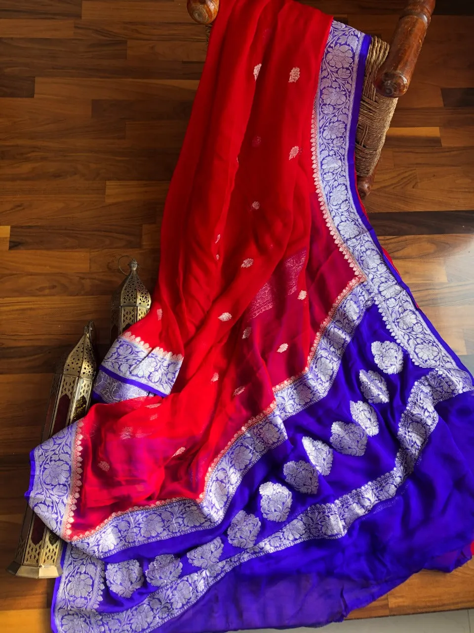 Blue & Red Khaddi Banarasi Chiffon Jaal Saree