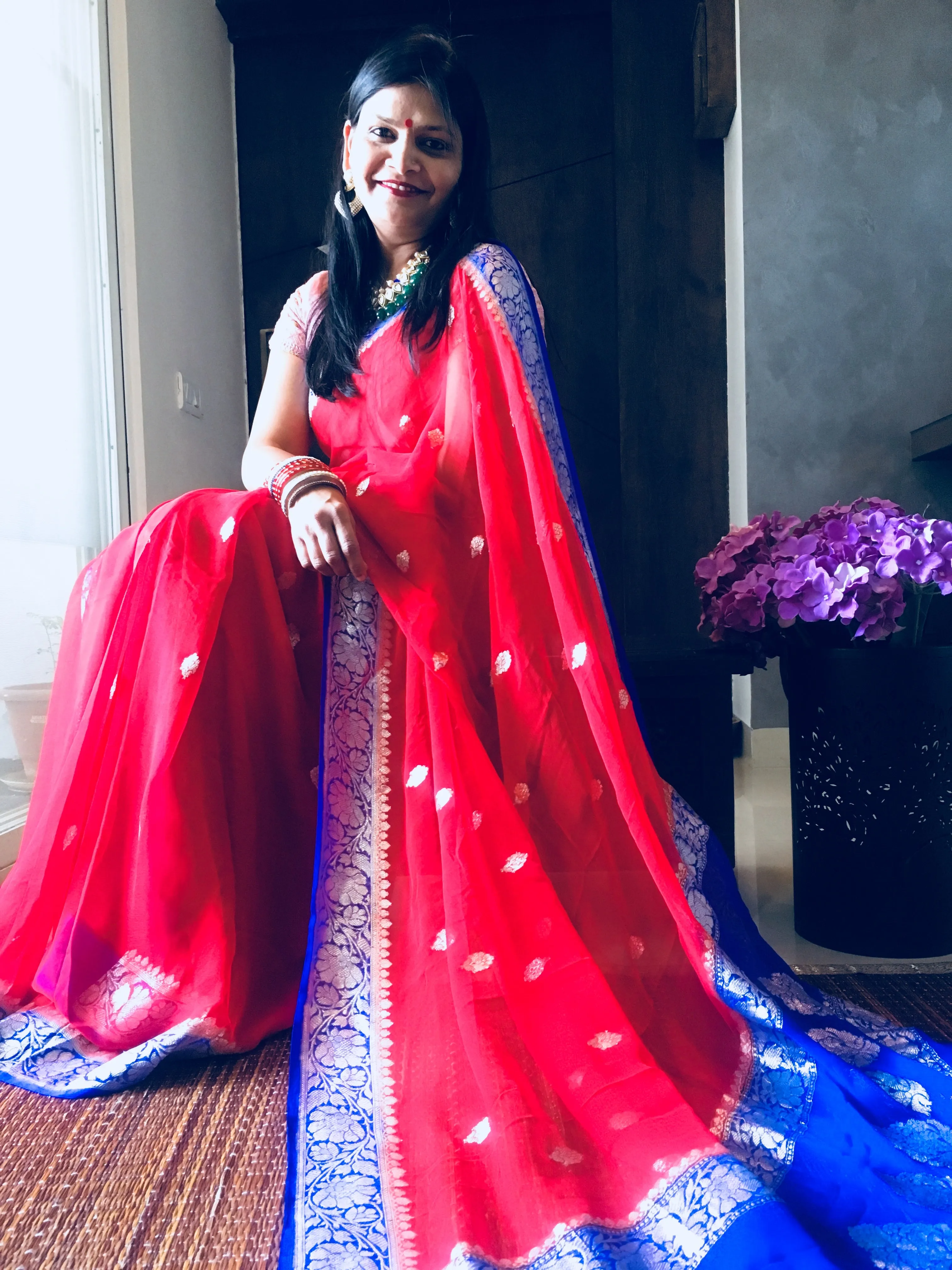 Blue & Red Khaddi Banarasi Chiffon Jaal Saree