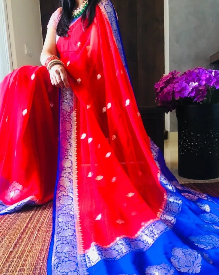 Blue & Red Khaddi Banarasi Chiffon Jaal Saree