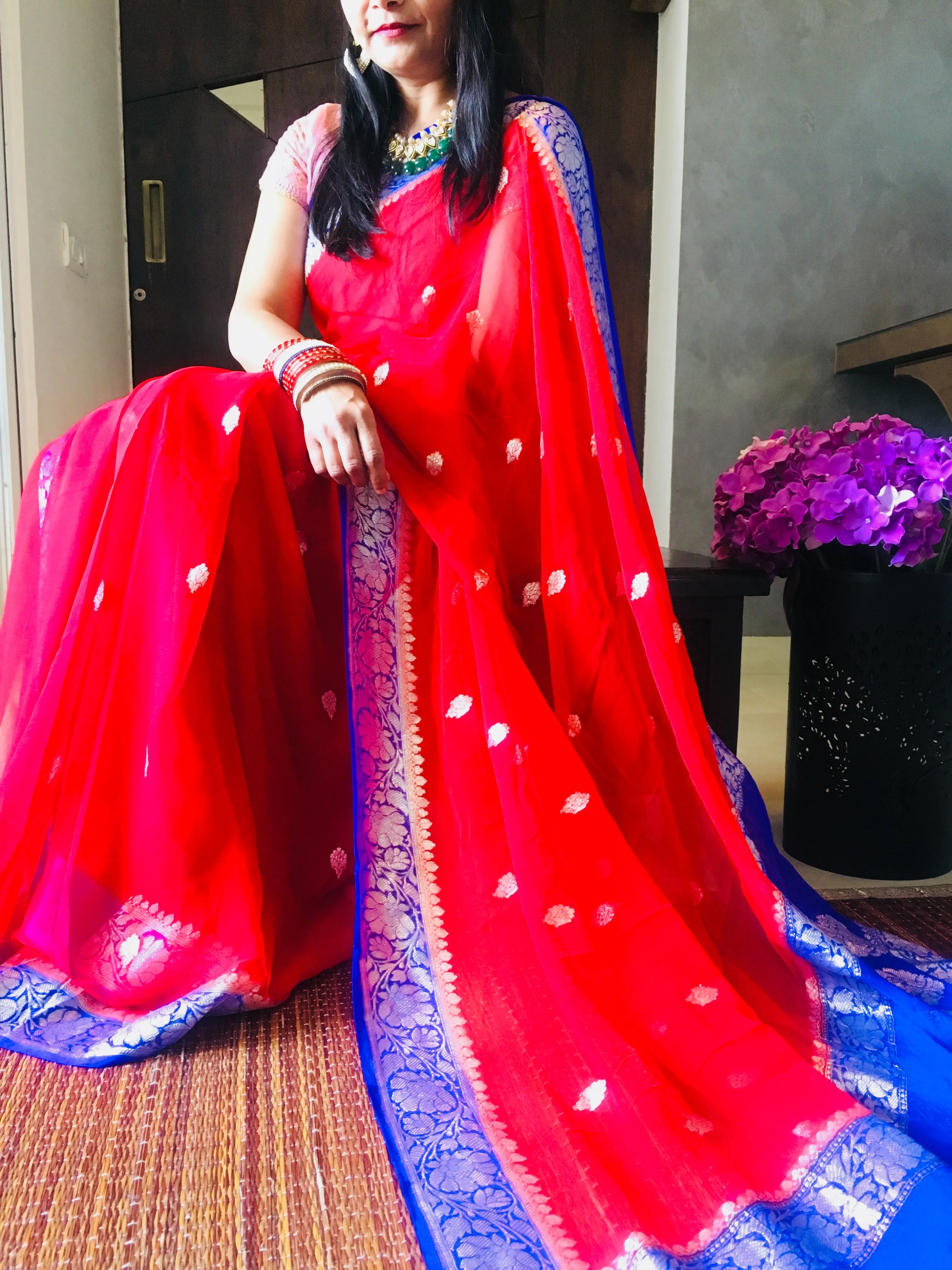 Blue & Red Khaddi Banarasi Chiffon Jaal Saree