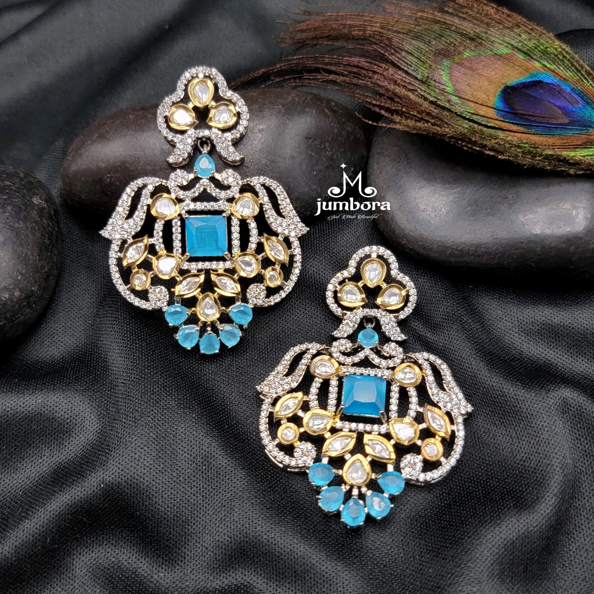 Blue & White AD Zircon Statement Kundan Earring