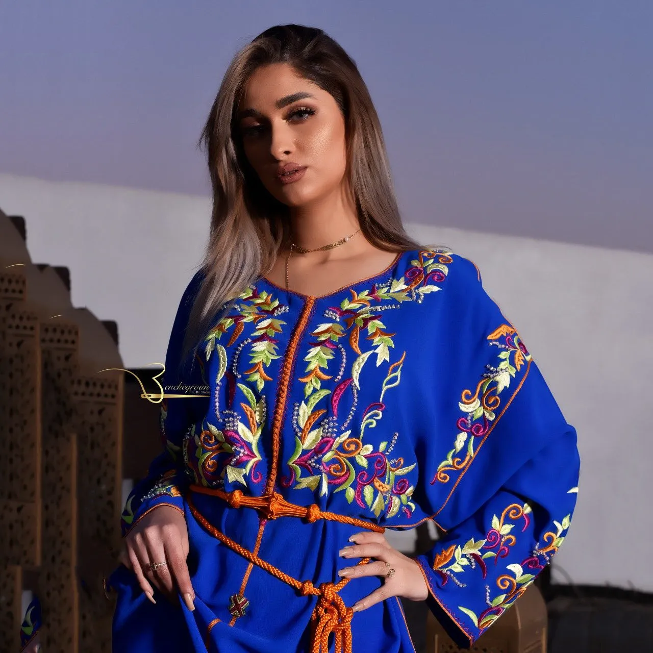 Blue and Orange Embroidered Kaftan