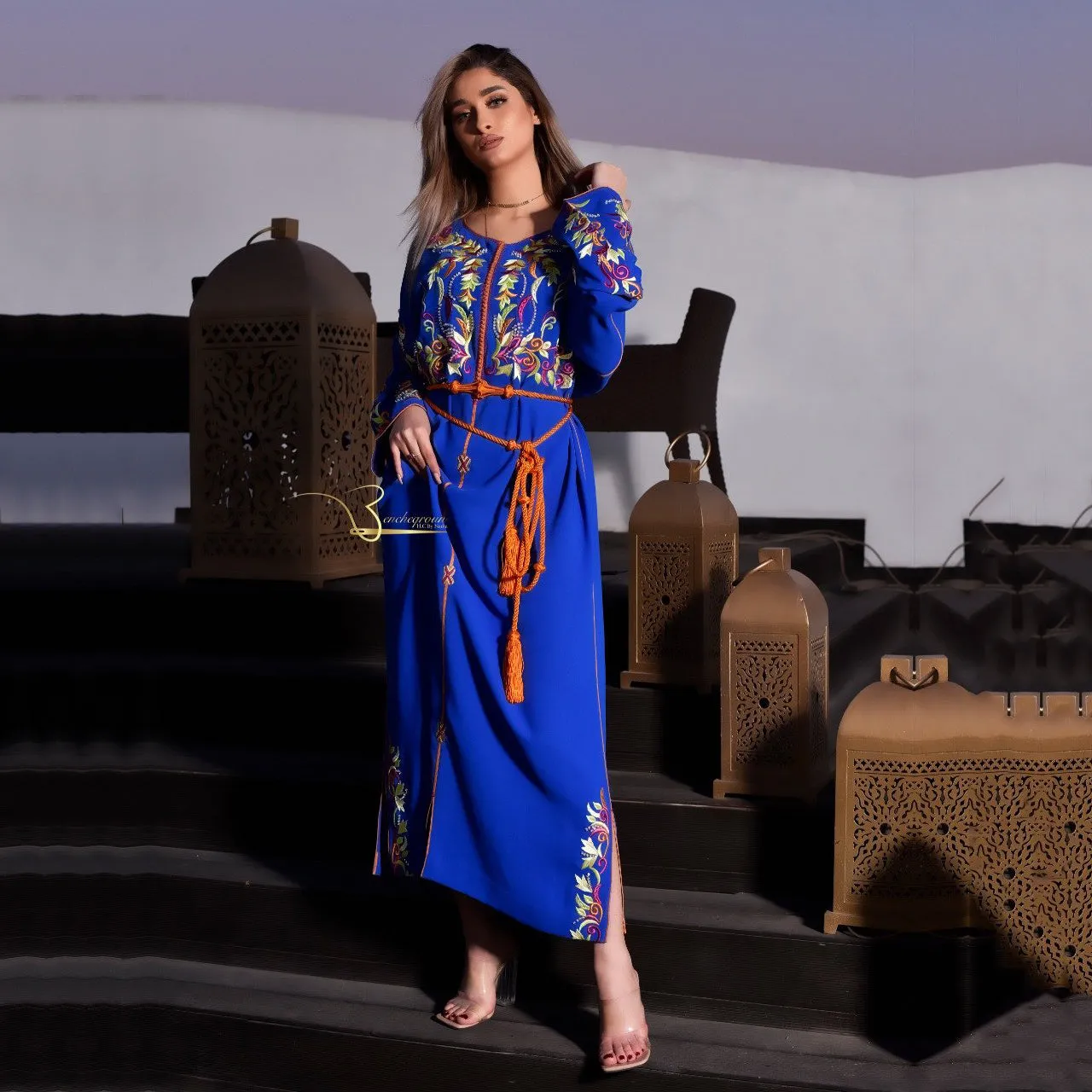 Blue and Orange Embroidered Kaftan