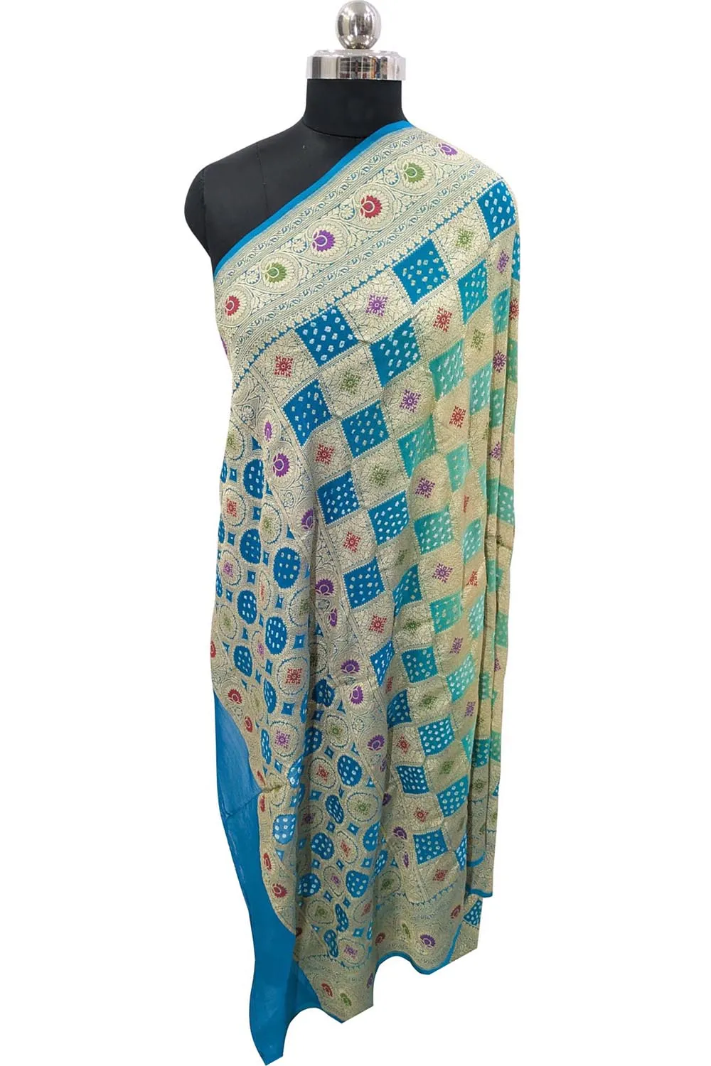 Blue Banarasi Bandhani Pure Georgette Meenakari Dupatta