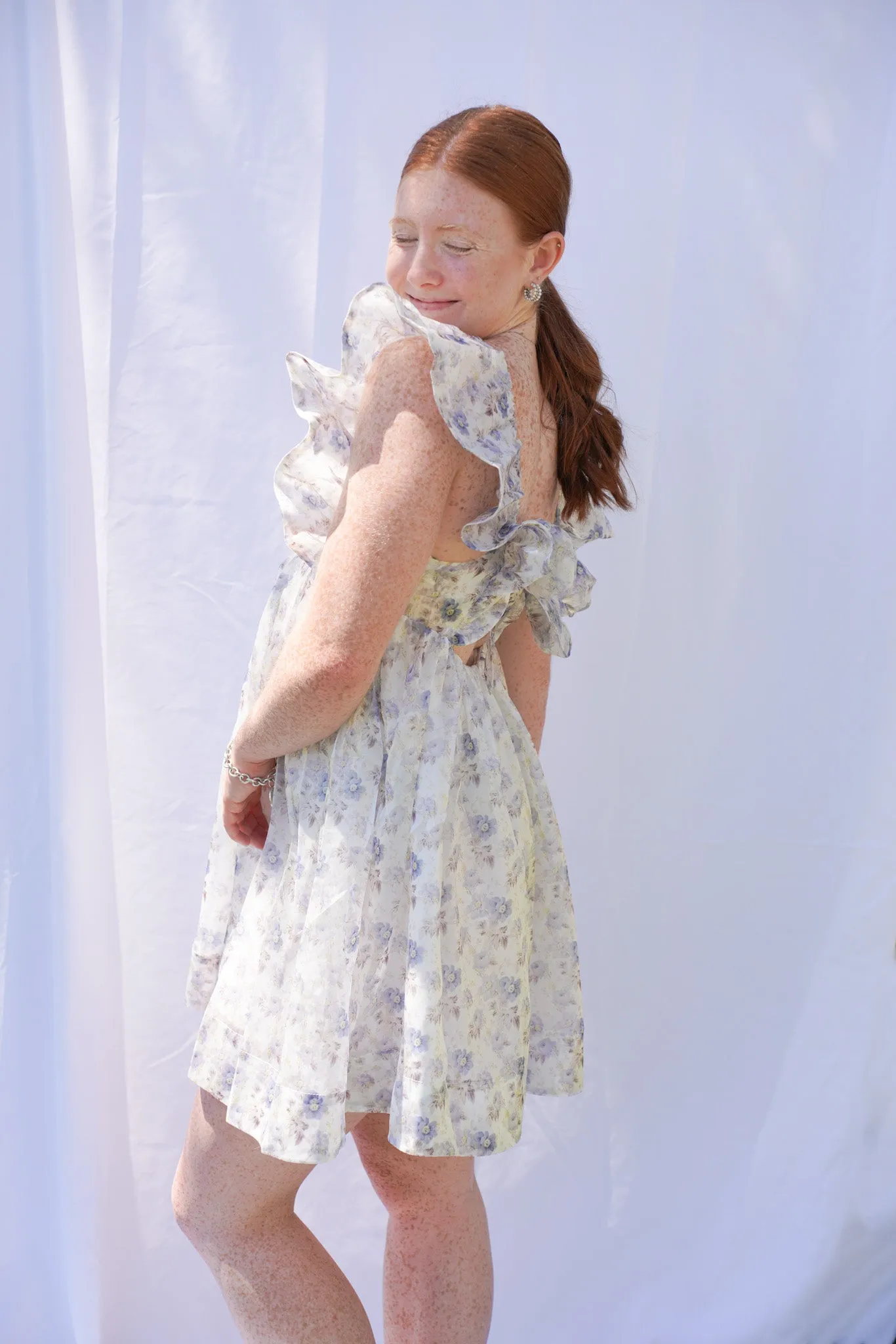 Blue Floral Printed Organza Dress