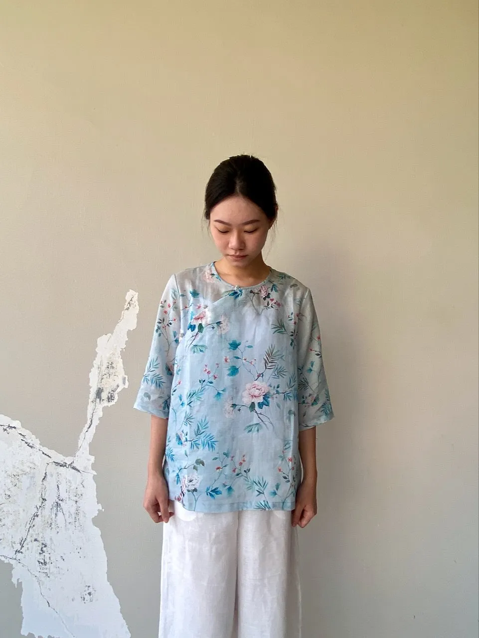 Blue Peony Print Cheongsam Qipao Top