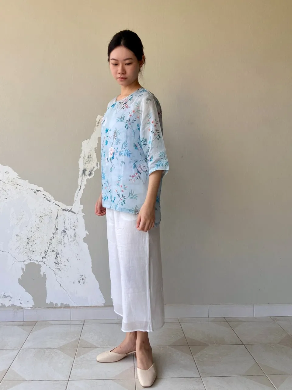 Blue Peony Print Cheongsam Qipao Top