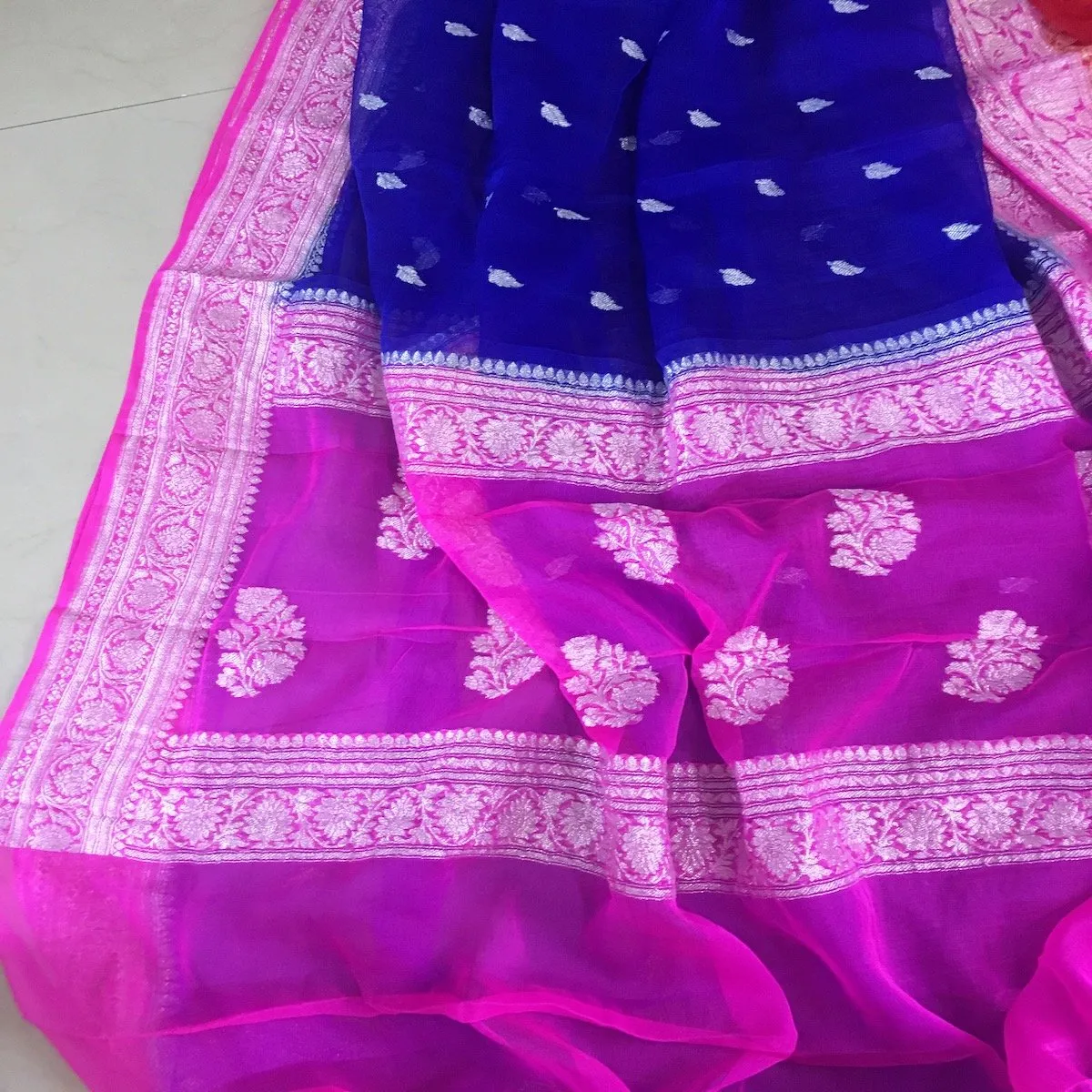 Blue-Pink Banarasi Chiffon Jaal Saree